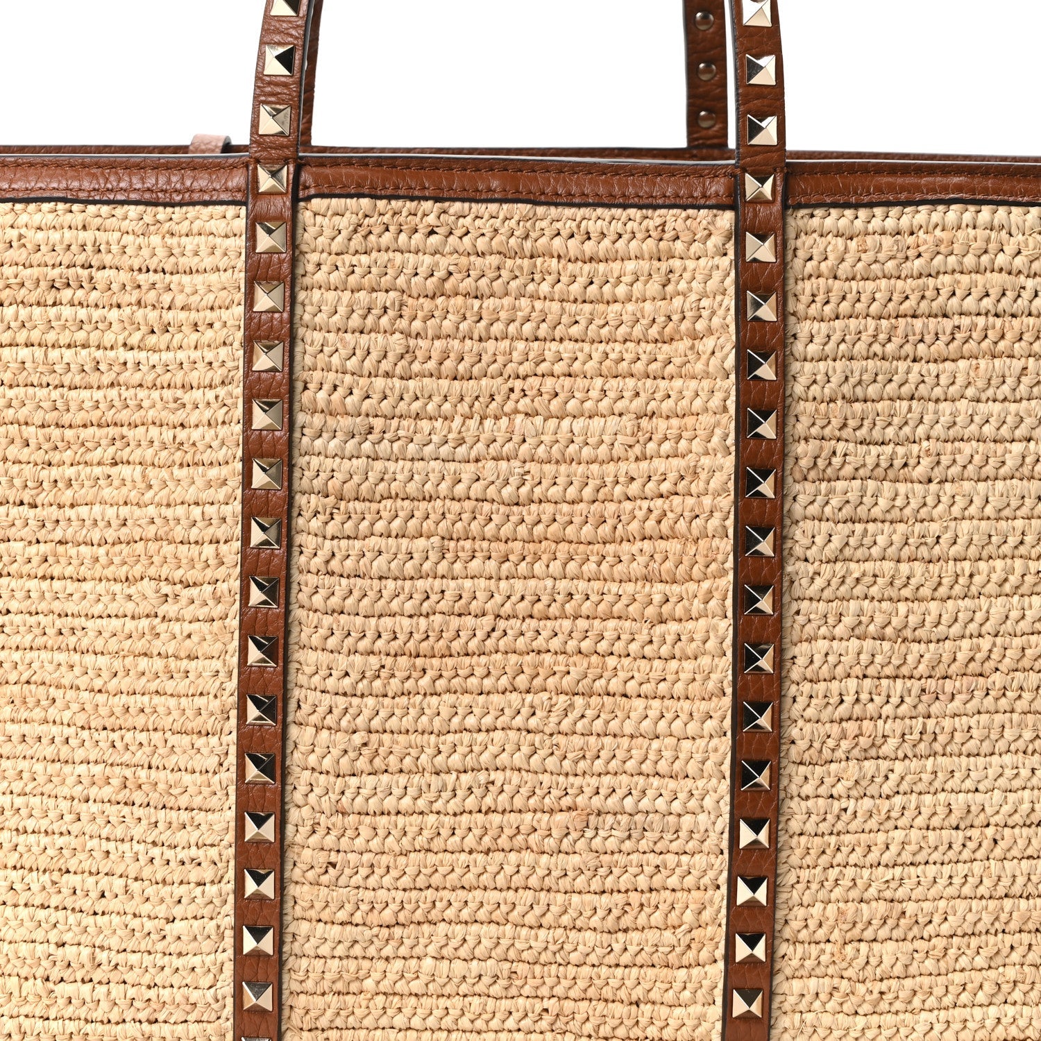 Raffia Calfskin Rockstud Shopping Tote Naturale Saddle Brown