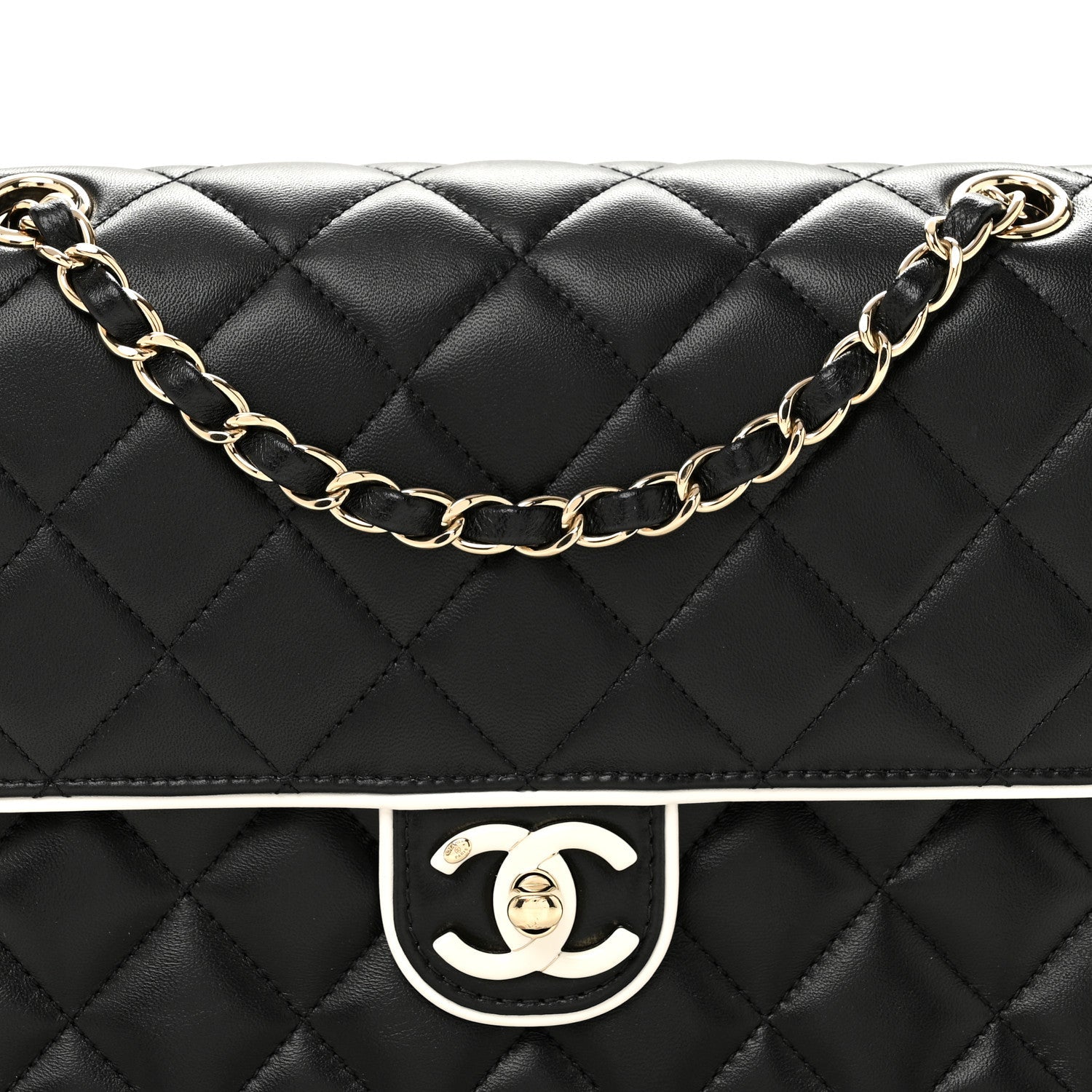 Lambskin Quilted Resin Graphic Frame Flap Bag Black White