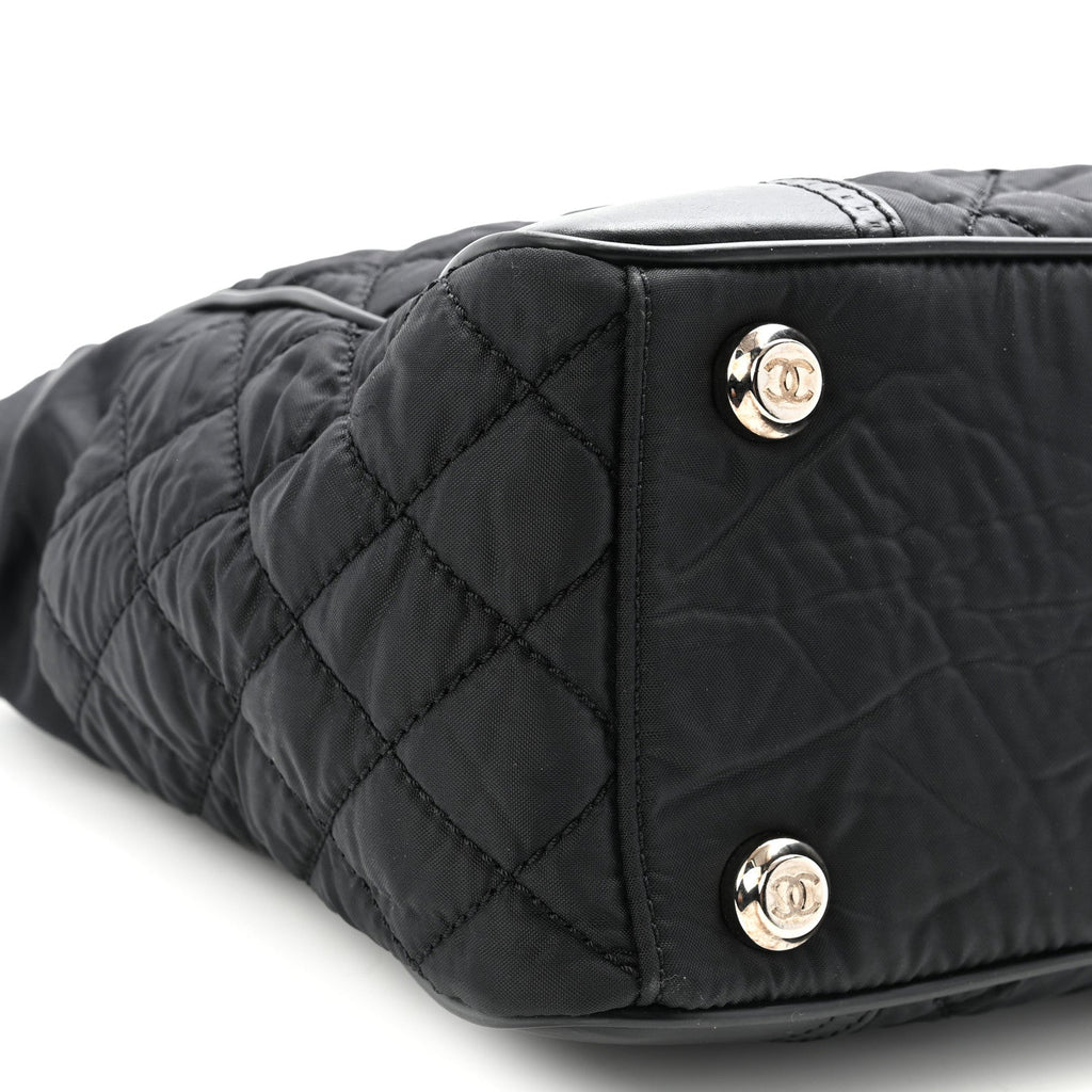 Nylon Calfskin Quilted CC Paris New York Tote Bag Black