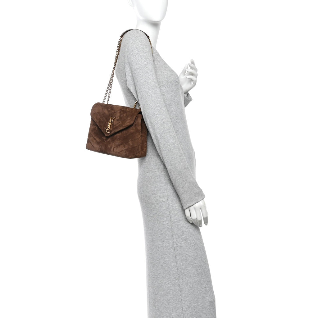 Suede Calfskin Y Quilted Monogram Small Loulou Chain Satchel Bark Brown