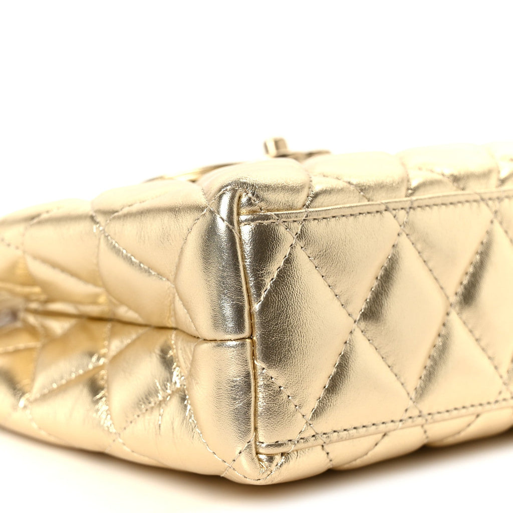 Metallic Shiny Aged Calfskin Quilted Nano Kelly Shopper Gold