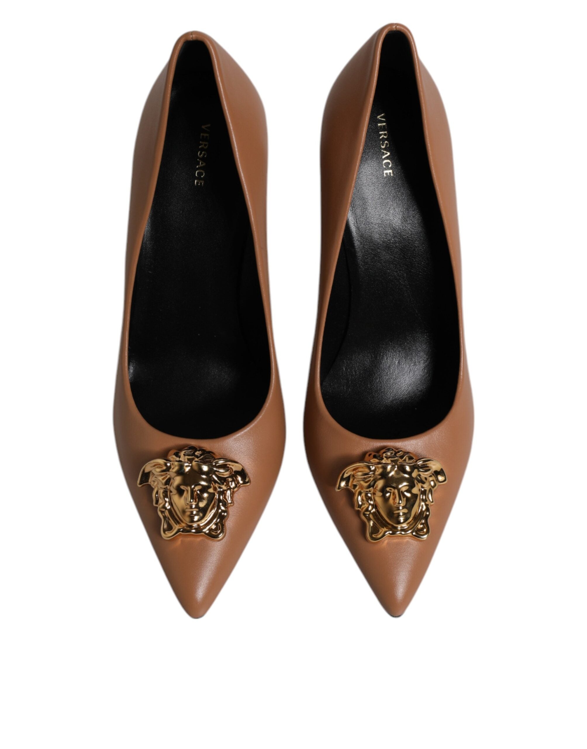 Versace Brown Leather Logo Plaque High Heels Pumps Women's Shoes