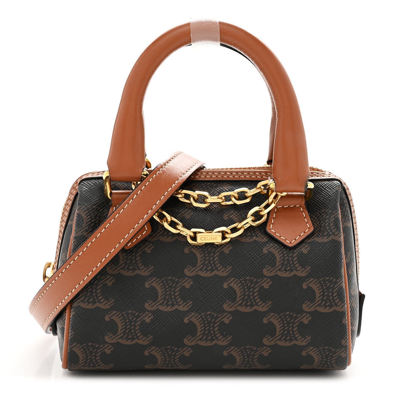 Triomphe Canvas Calfskin Mini Boston Bag Tan