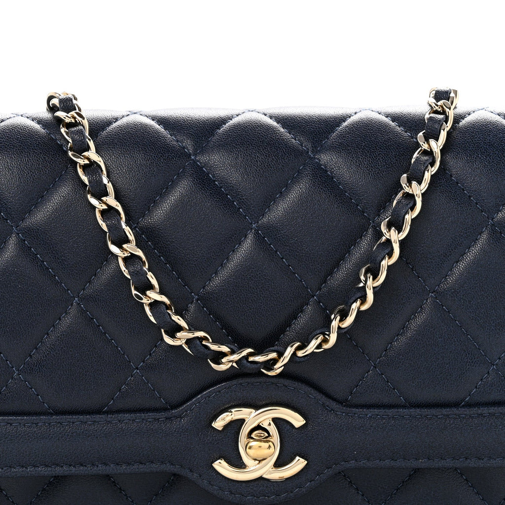 Lambskin Quilted Hold The Line Wallet On Chain WOC Dark Blue