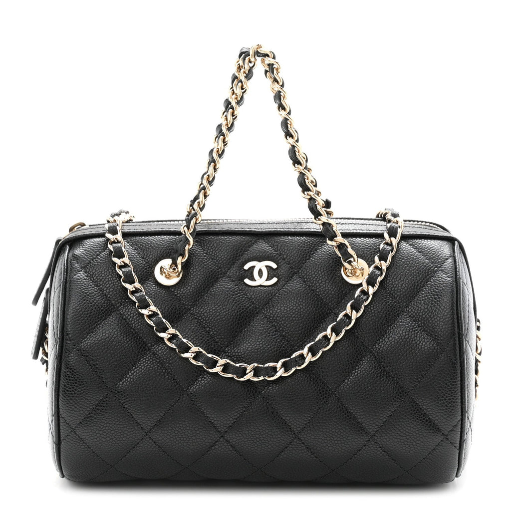 Caviar Quilted Barrel Clutch With Chain  Black