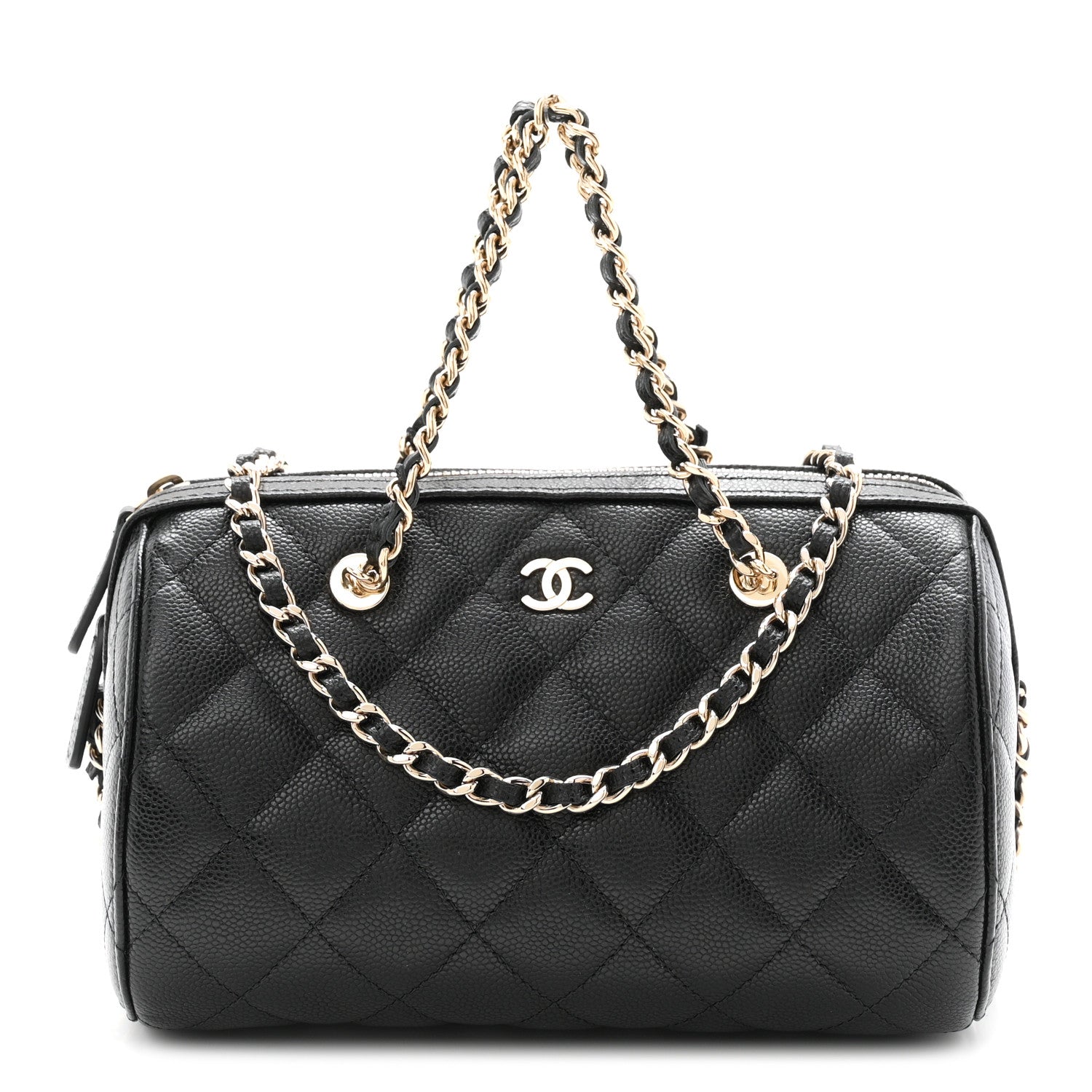 Caviar Quilted Barrel Clutch With Chain  Black