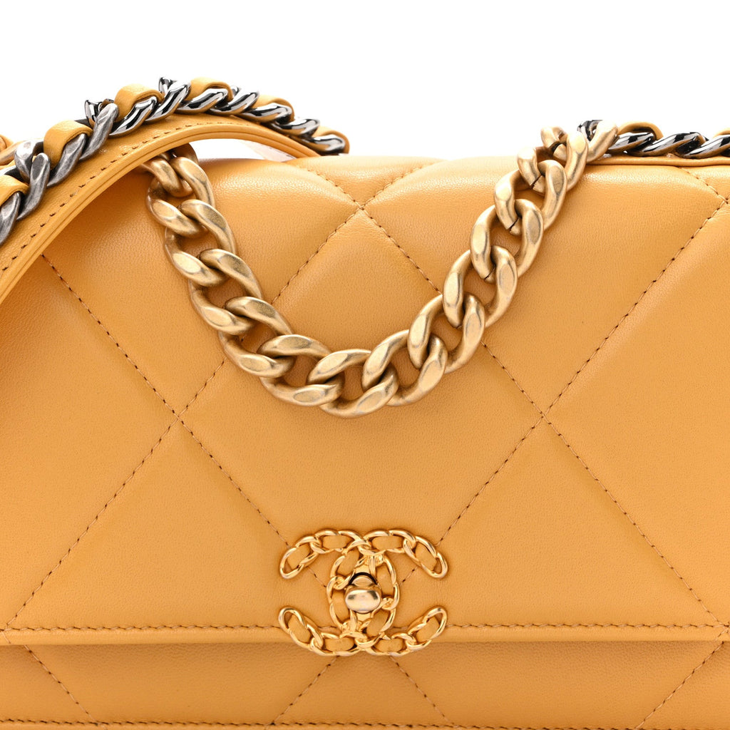 Lambskin Quilted Chanel 19 Wallet On Chain WOC Yellow