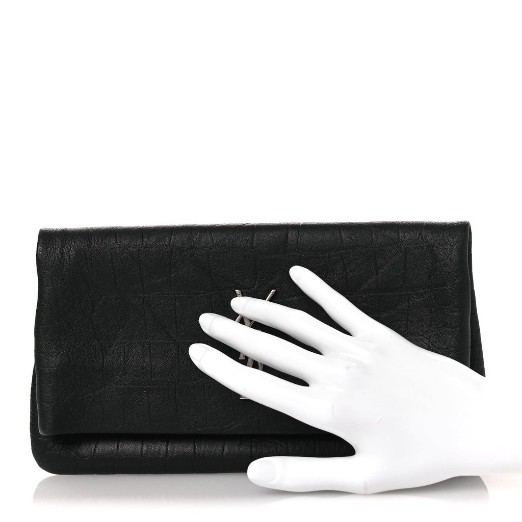 Calfskin Crocodile Embossed West Hollywood Monogram Fold Over Clutch Black