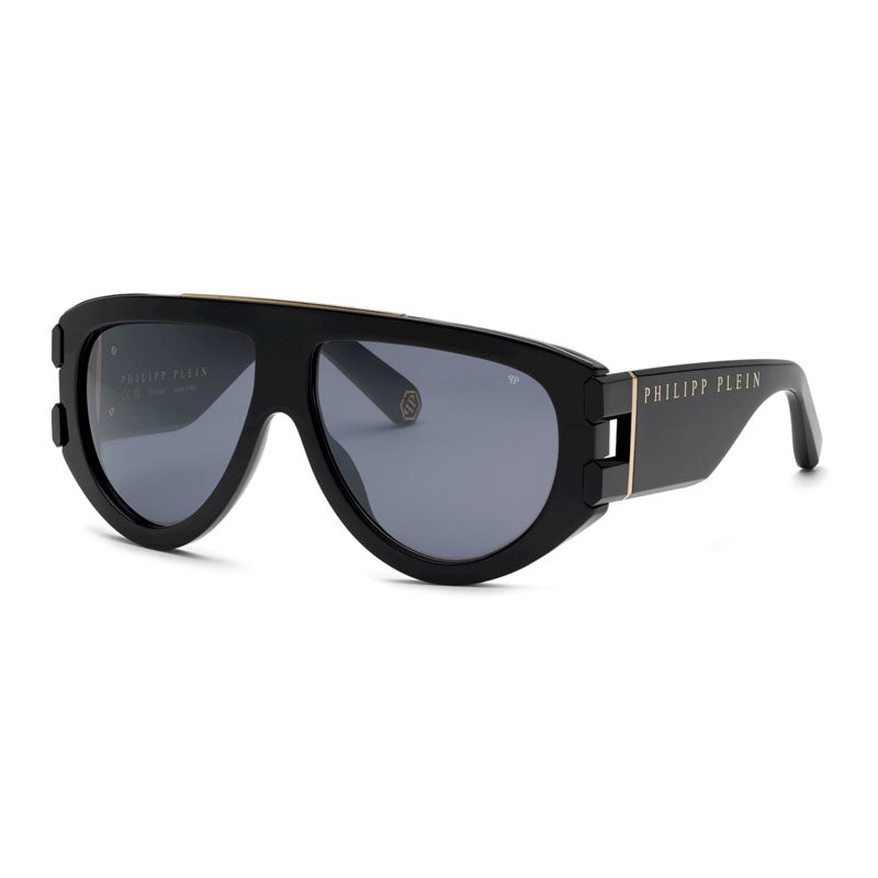 Philipp Plein Sunglasses Shield Full Rim, Shiny Black Frame and Grey Silver Lens SPP127M700G