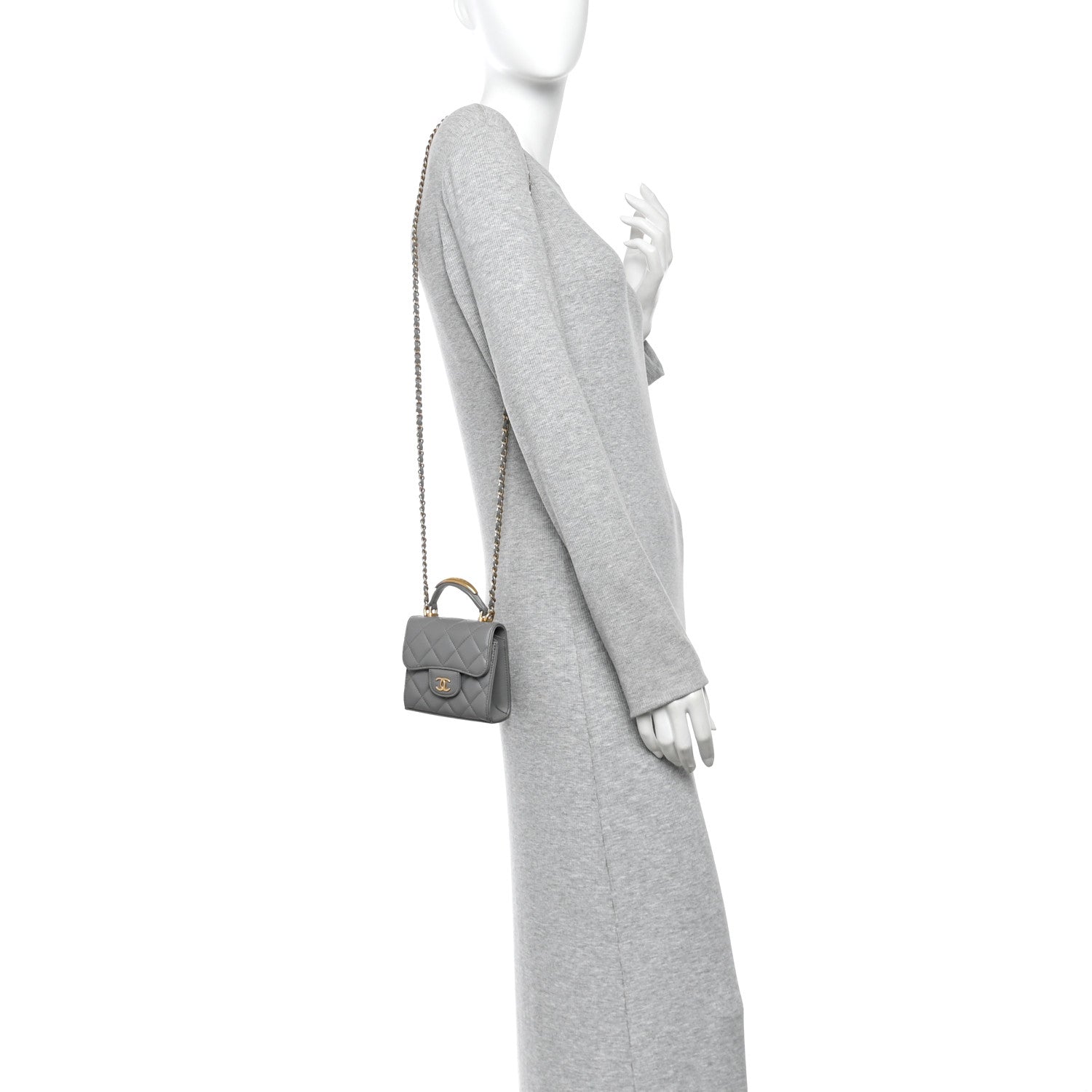 Lambskin Quilted Metal Top Handle Flap Clutch With Chain Grey