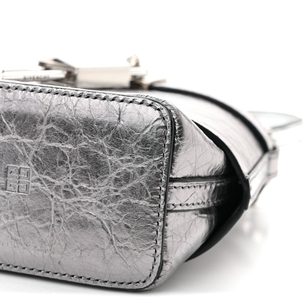 Laminated Lambskin Micro Shark Lock Bucket Bag Silvery Grey