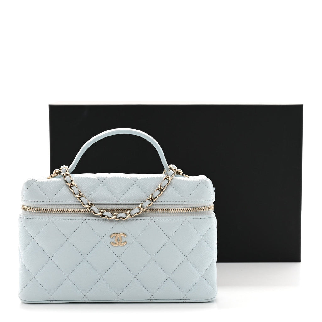 Caviar Quilted Top Handle Slim Vanity With Chain Light Blue