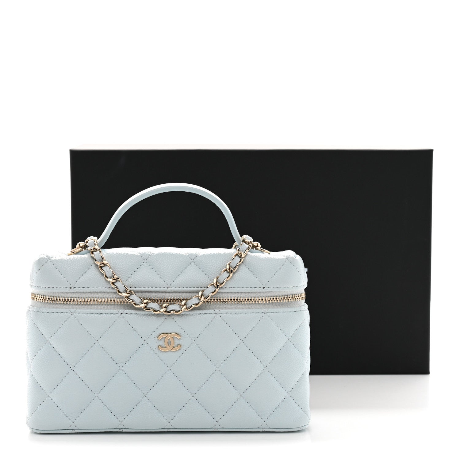 Caviar Quilted Top Handle Slim Vanity With Chain Light Blue