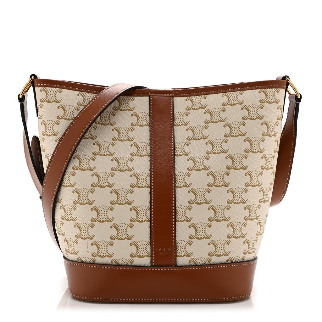 Triomphe Canvas Calfskin Small Bucket Bag White