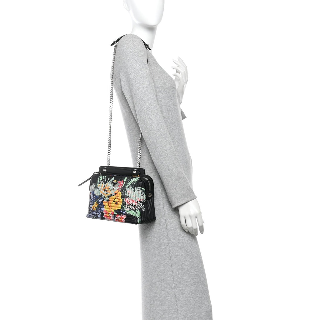 Calfskin Trapuntata Floral Small DotCom Click Chain Satchel Black Multicolor