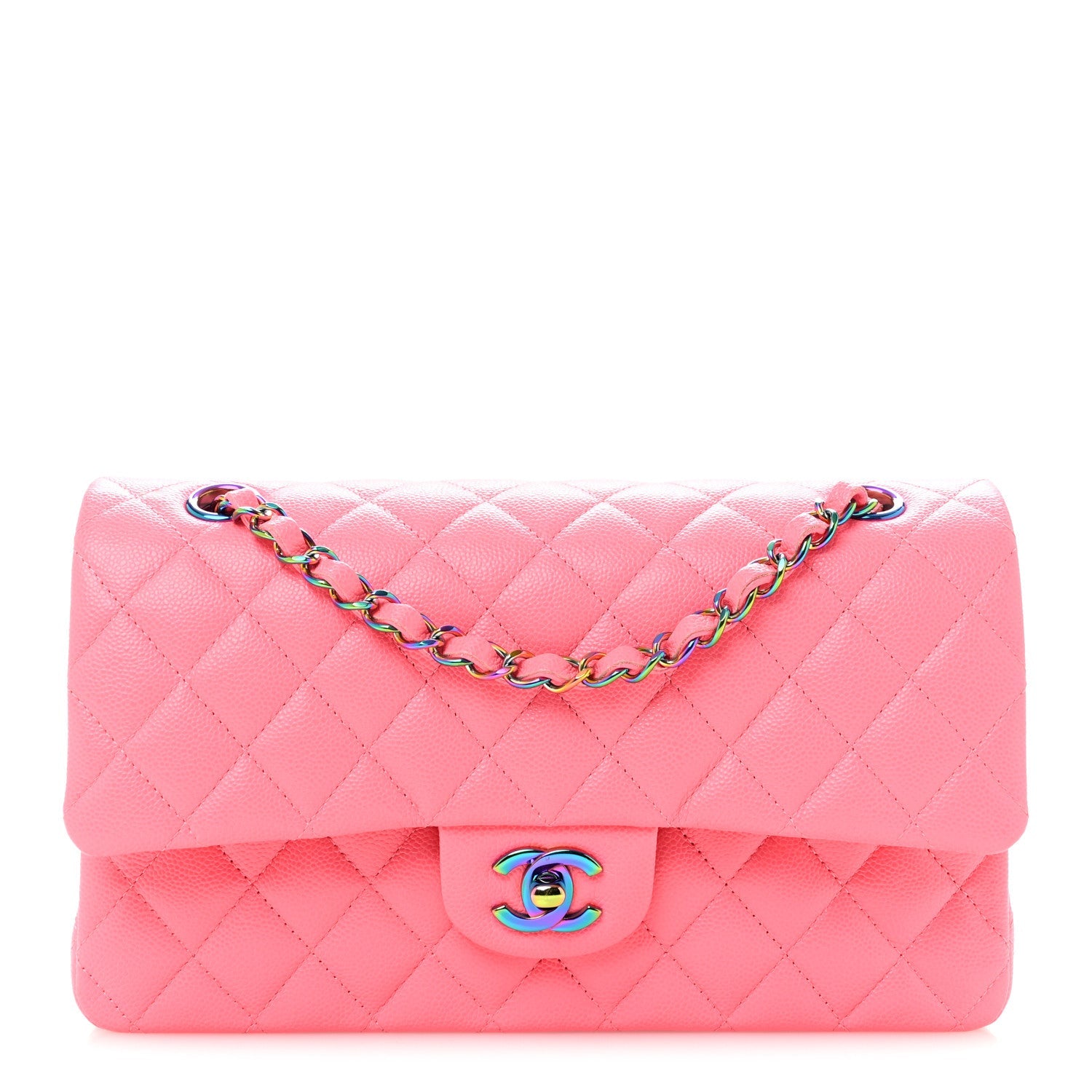 Caviar Quilted Rainbow Medium Double Flap Coral Pink