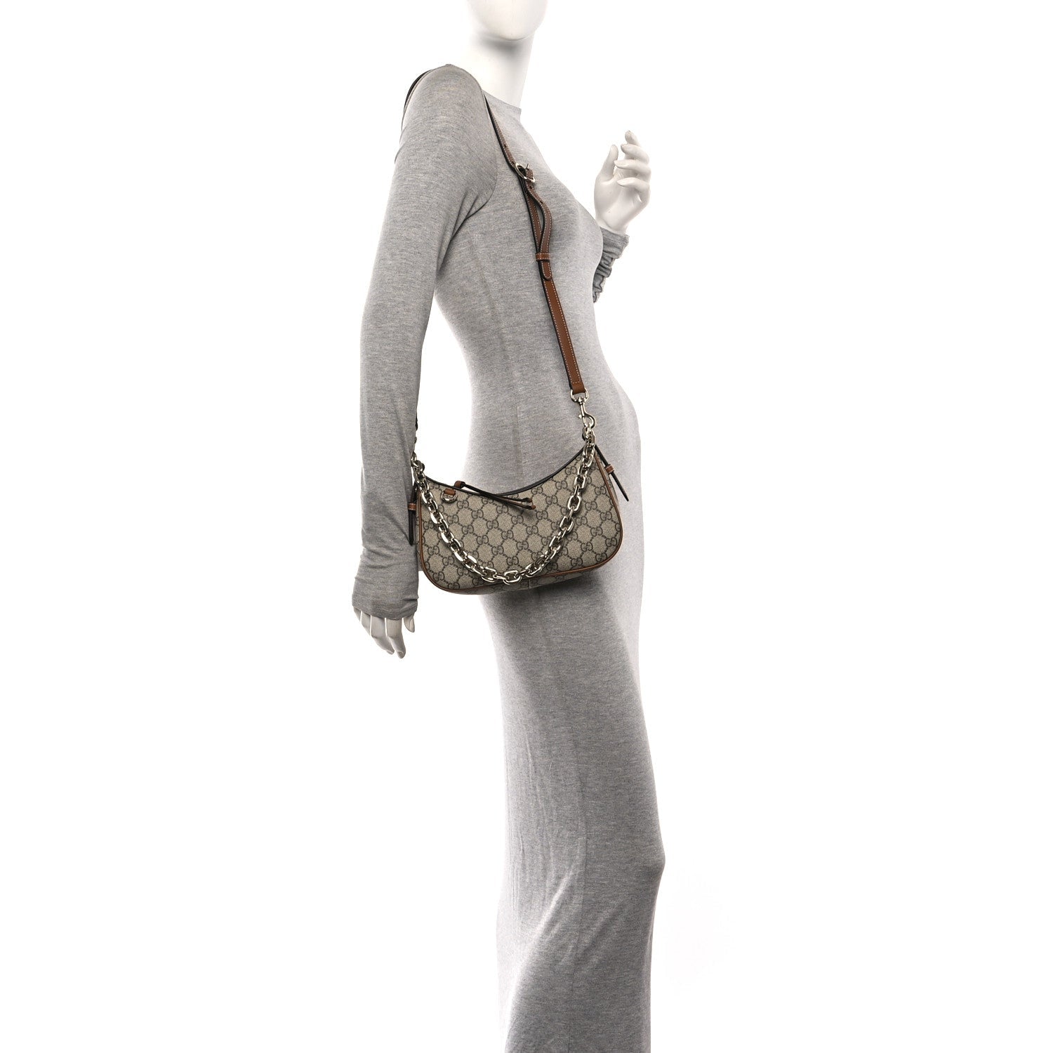 GG Supreme Monogram Textured Calfskin Small Emblem Shoulder Bag Beige Dark Brown