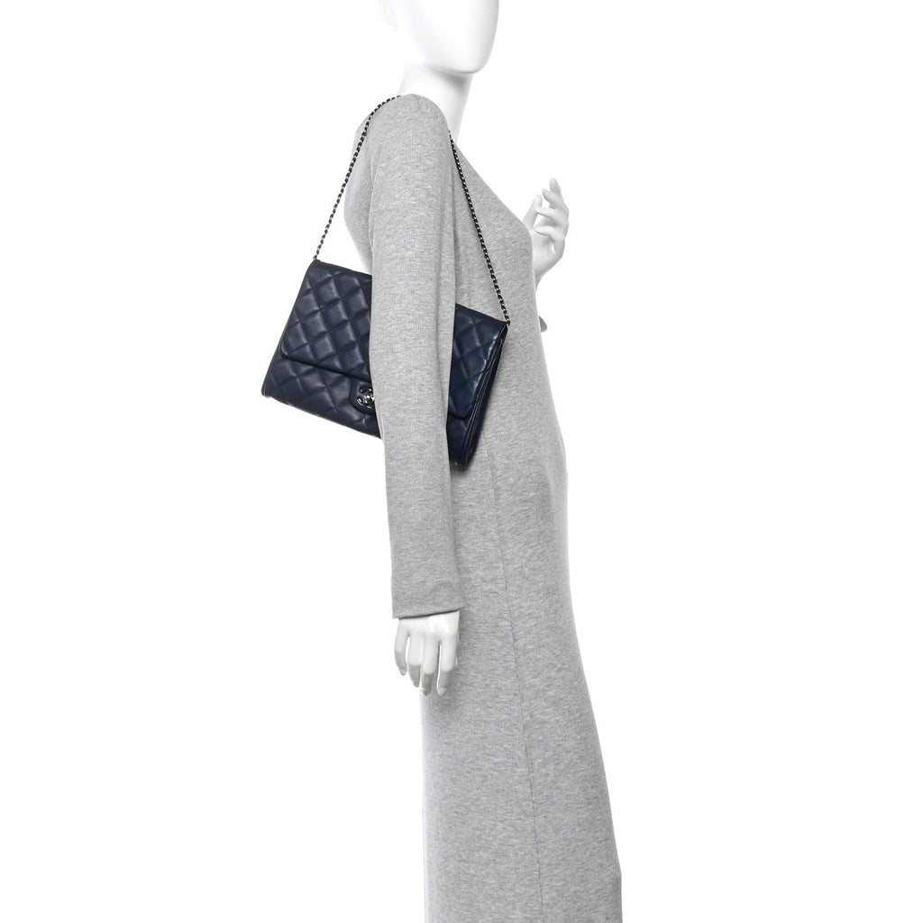 Lambskin Quilted Clutch with Chain Flap Navy