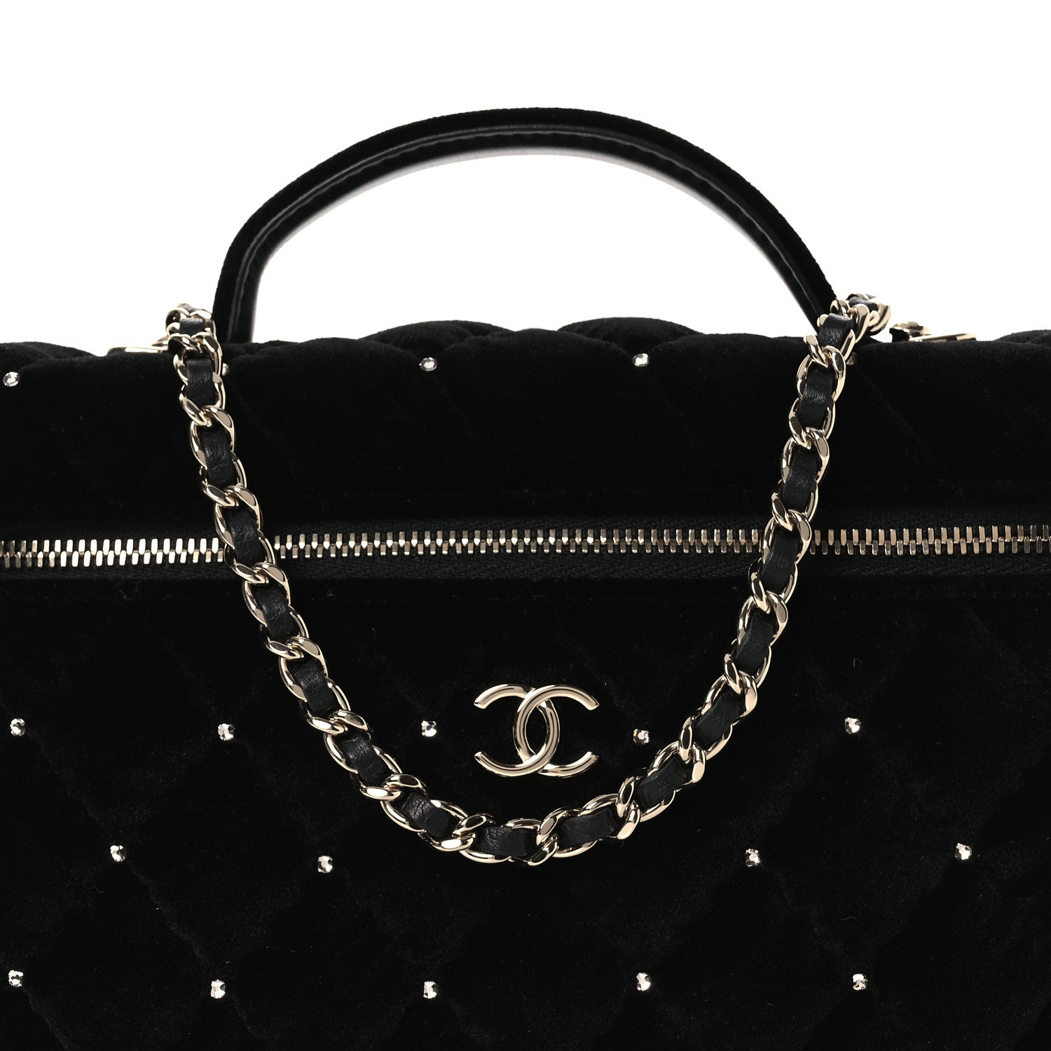 Velvet Diamanté Quilted Top Handle Slim Vanity Case With Chain Black