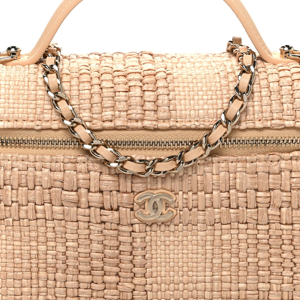 Braided Raffia Quilted Top Handle Slim Vanity Case With Chain Beige