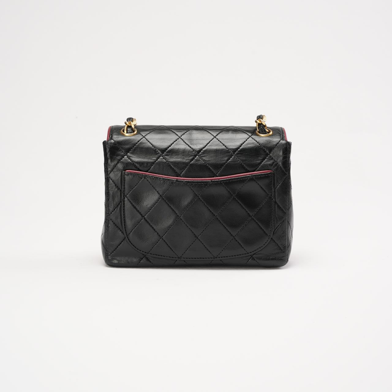Chanel Vintage Mini Square Flap Bag Lamb Black Red 1991