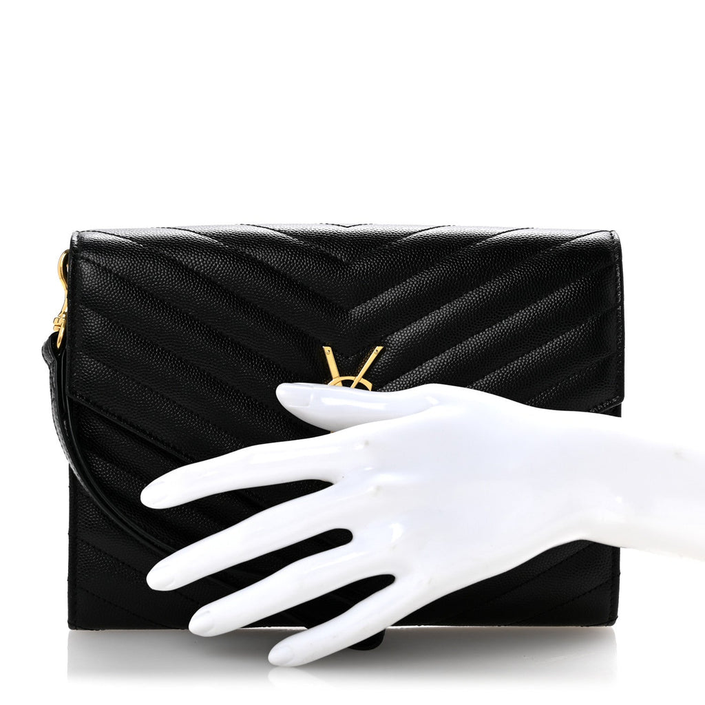 Grain De Poudre Matelasse Chevron Monogram Envelope Clutch Black