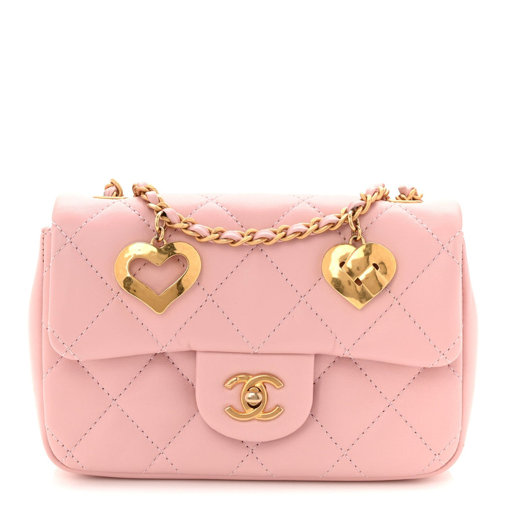 Lambskin Quilted Mini Heart Charms Flap Light Pink