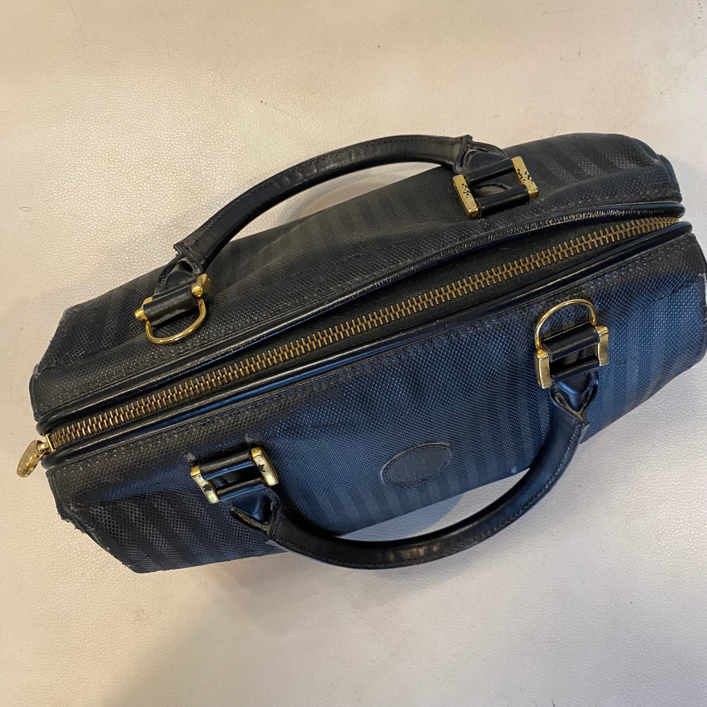 FENDI Vintage Black Striped Canvas Small Boston Handbag