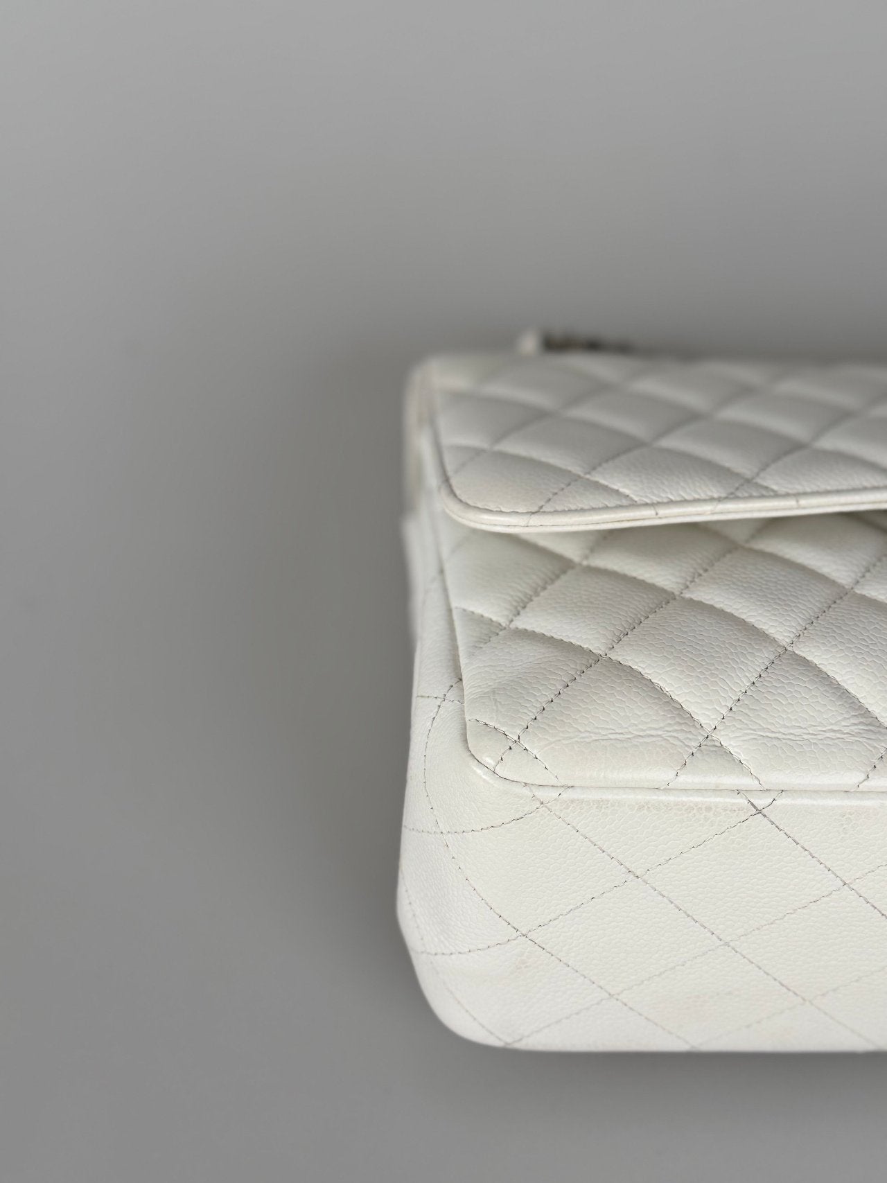 Chanel White Jumbo Classic Double Flap Bag in Caviar Leather with Silver Hardware
