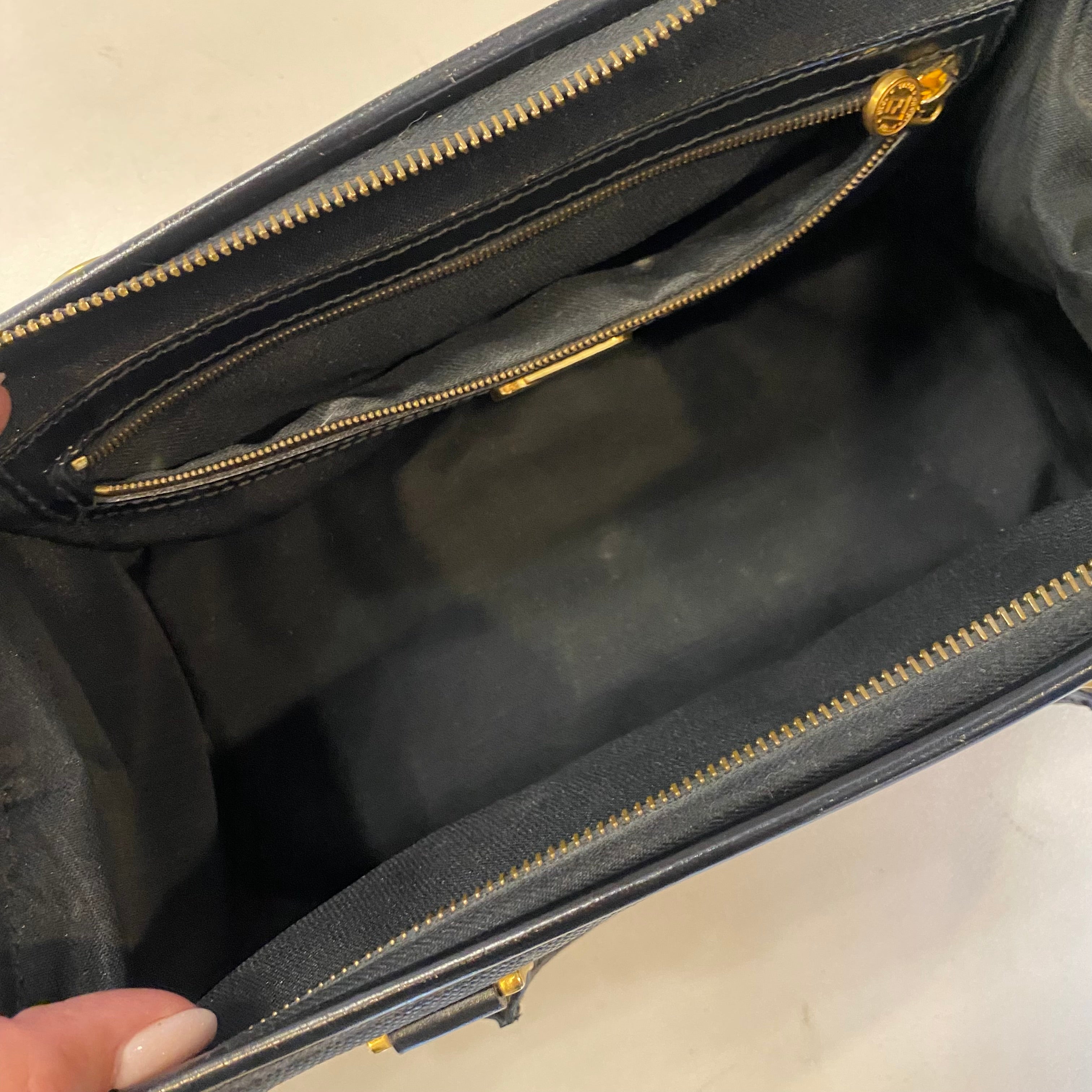 FENDI Vintage Black Striped Canvas Small Boston Handbag