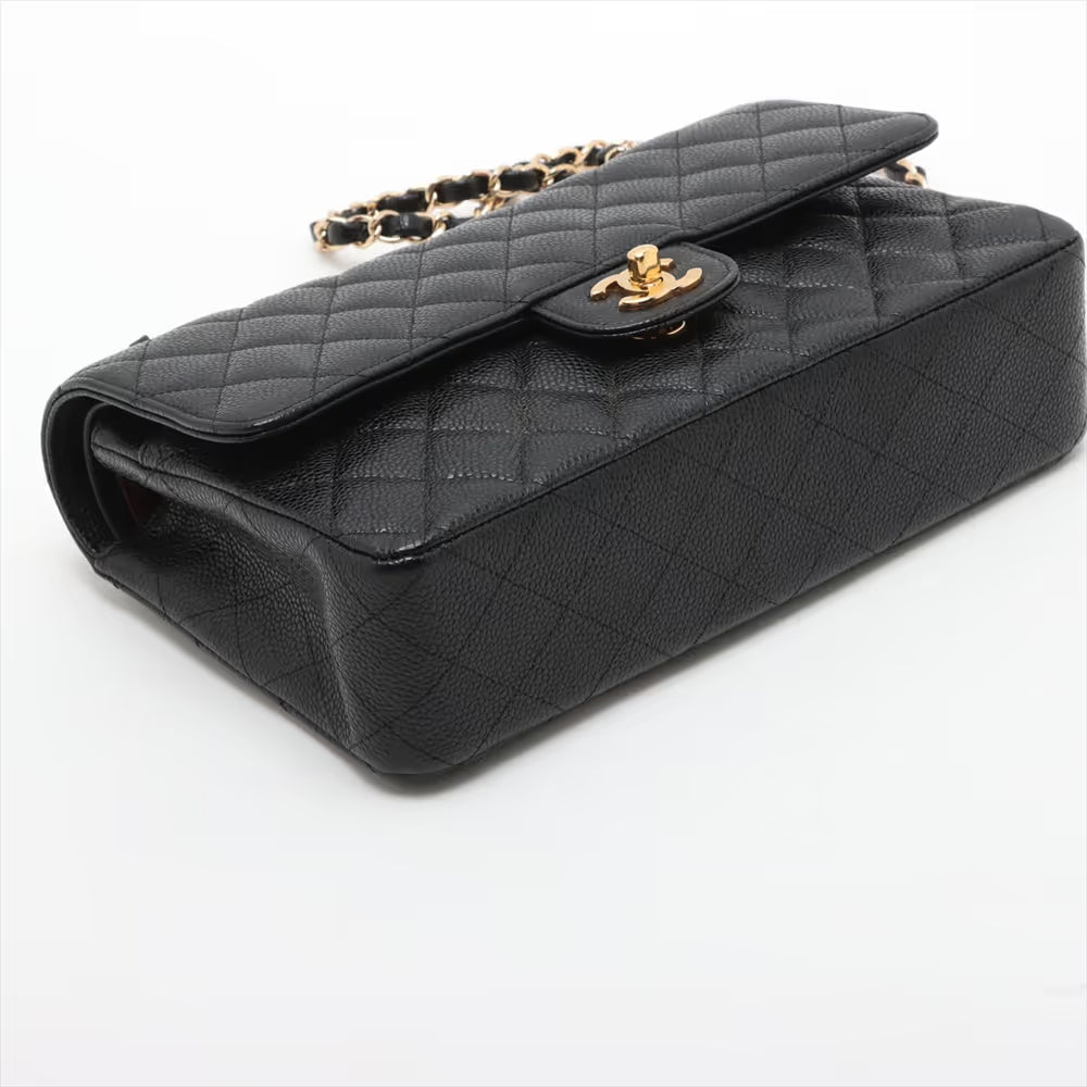 Chanel CC Logo Matelasse 25 Caviar Skin Double Flap Double Chain Bag Black