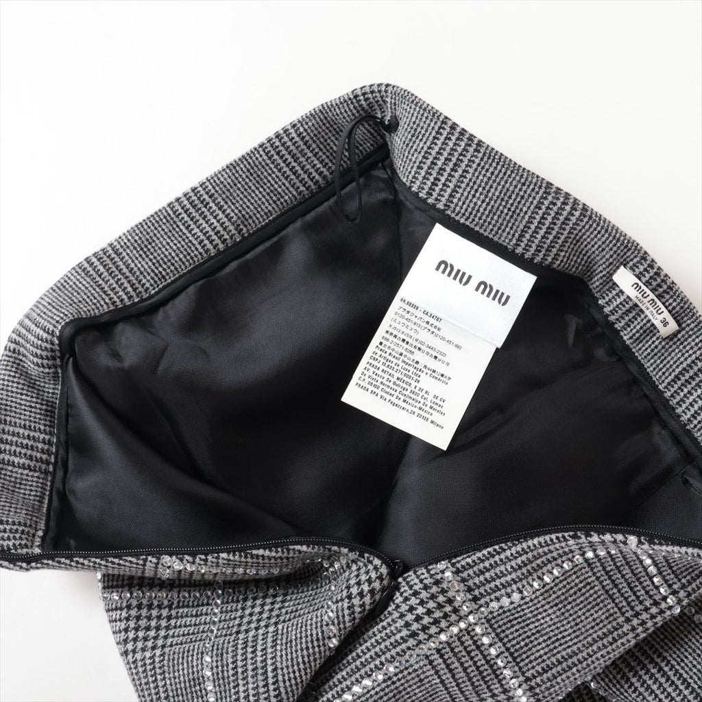 Miu Miu Plaid Rhinestone Wool Skirt Gray