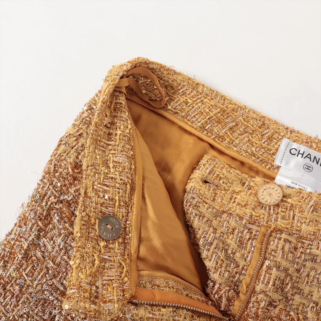 Chanel CC Logo Button Shimmer Polyester Pants Gold