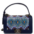 CHANEL Mosaic Large Boy Quilted Lambskin Shoulder Bag Blue
