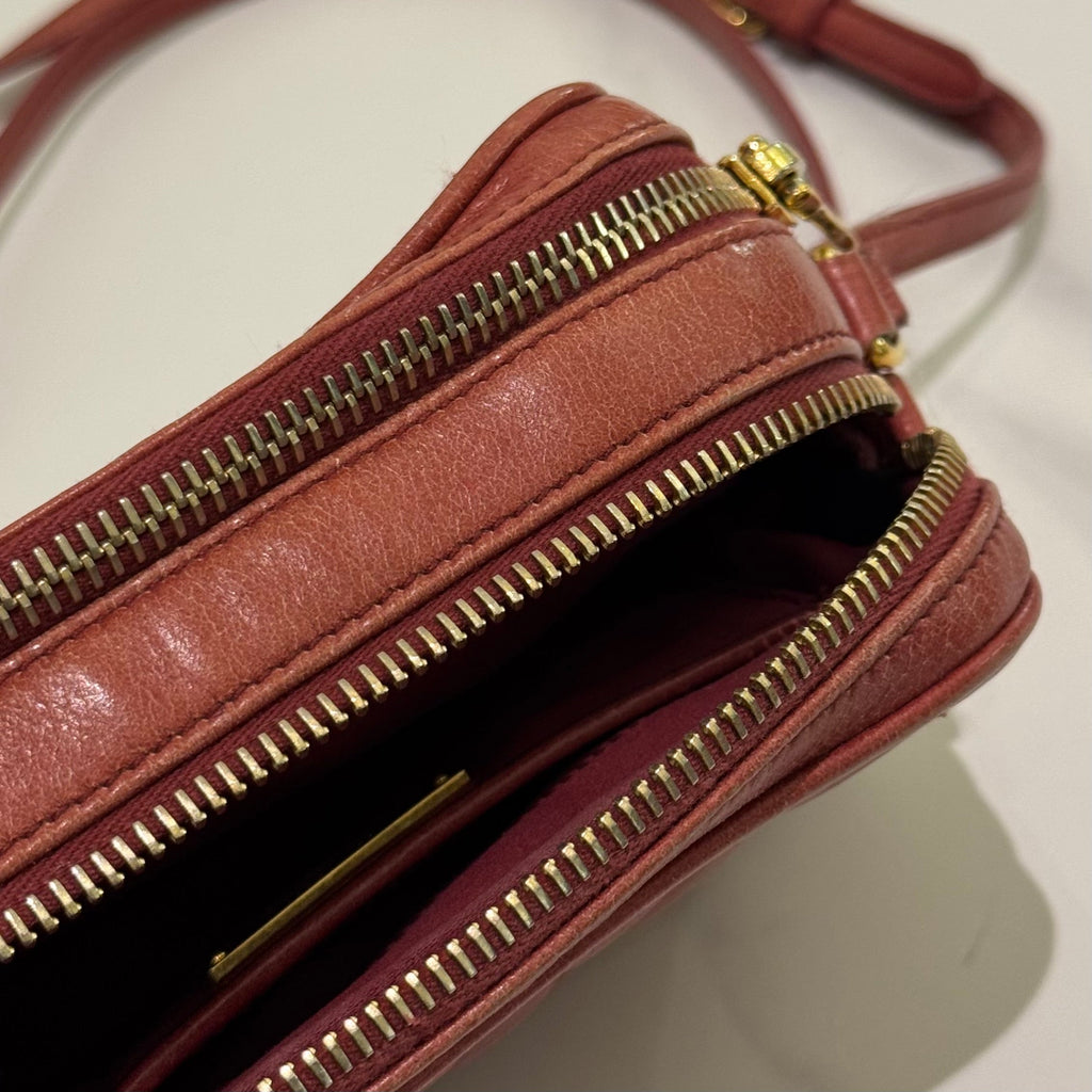 MIU MIU BRICK RED QUILTED BOX CAMERA BAG IN OILED CALFSKIN