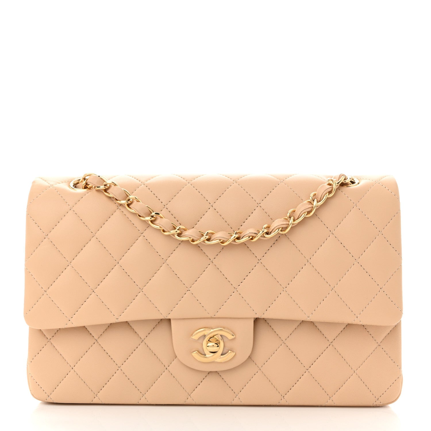Lambskin Quilted Medium Double Flap Beige