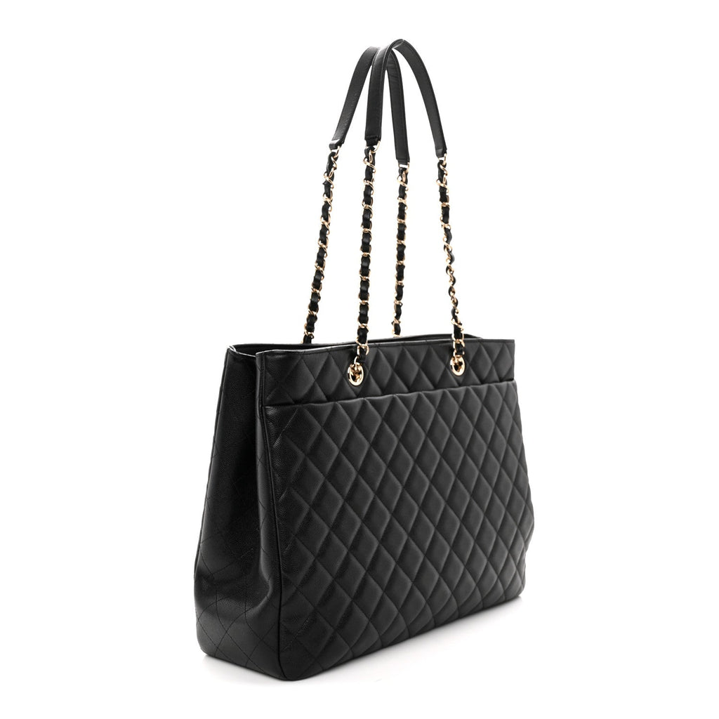 Caviar Quilted Shopping Tote Black Black