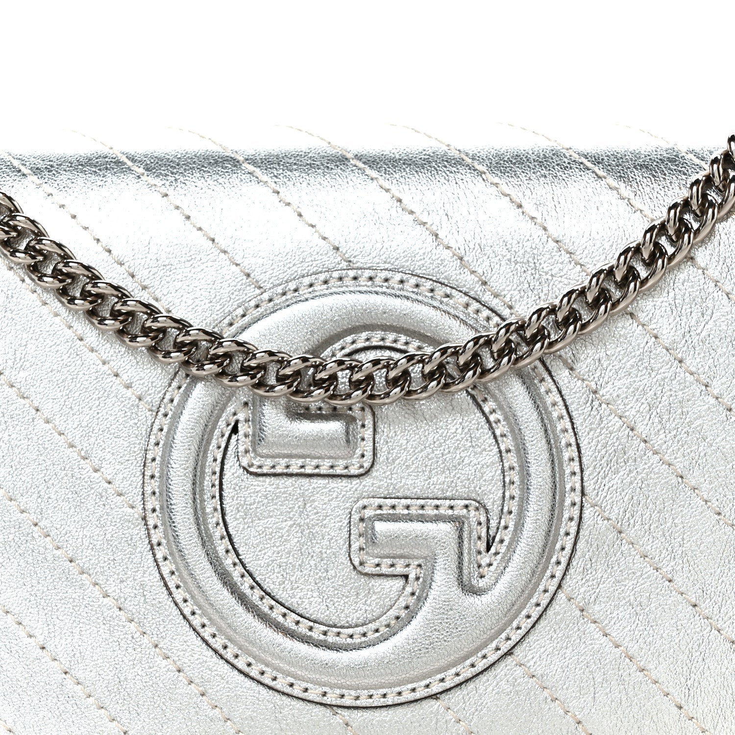 Metallic Sakai Be Green Calfskin Diagonal Stitched Blondie Wallet on Chain Silver