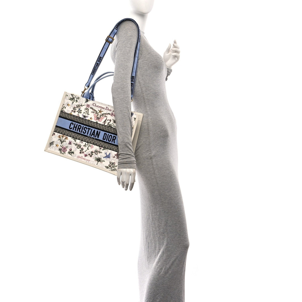 Calfskin Canvas Embroidered Medium Dioramour 47 Passion Book Tote With Strap White Multicolor