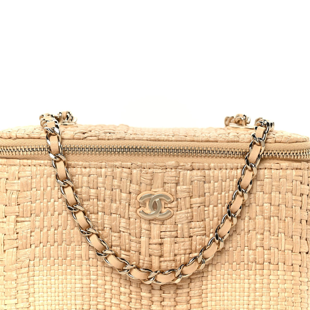 Braided Raffia Quilted Top Handle Slim Vanity Case With Chain Beige