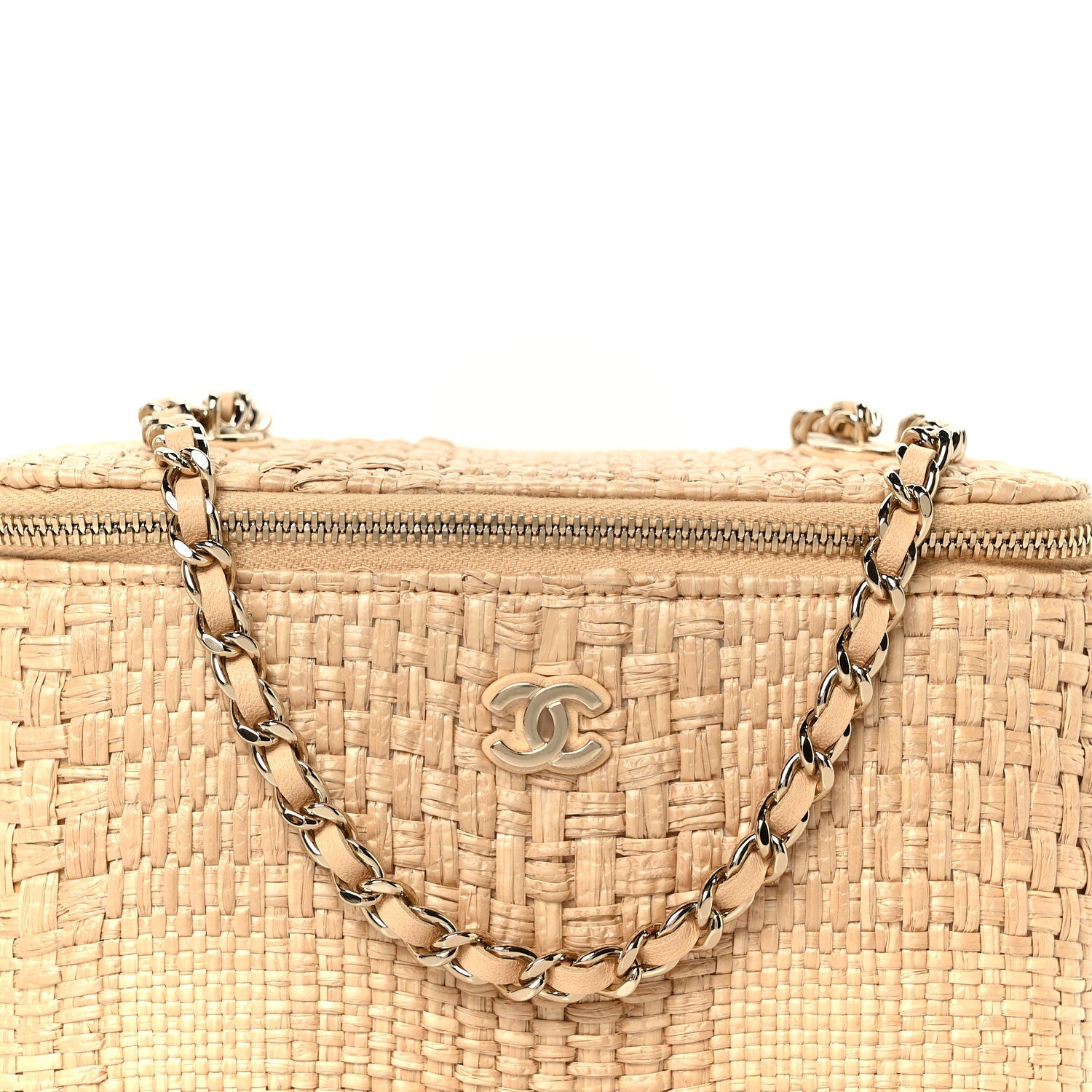 Braided Raffia Quilted Top Handle Slim Vanity Case With Chain Beige