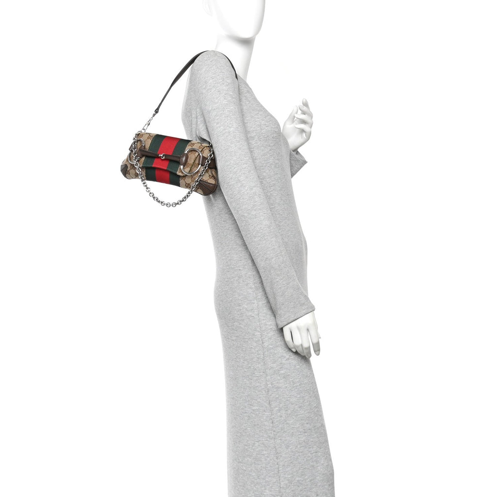 Monogram Textured Dollar Calfskin Heavy Grosgrain Web Small Maxi Horsebit Chain Shoulder Bag Beige Ebony New Acero