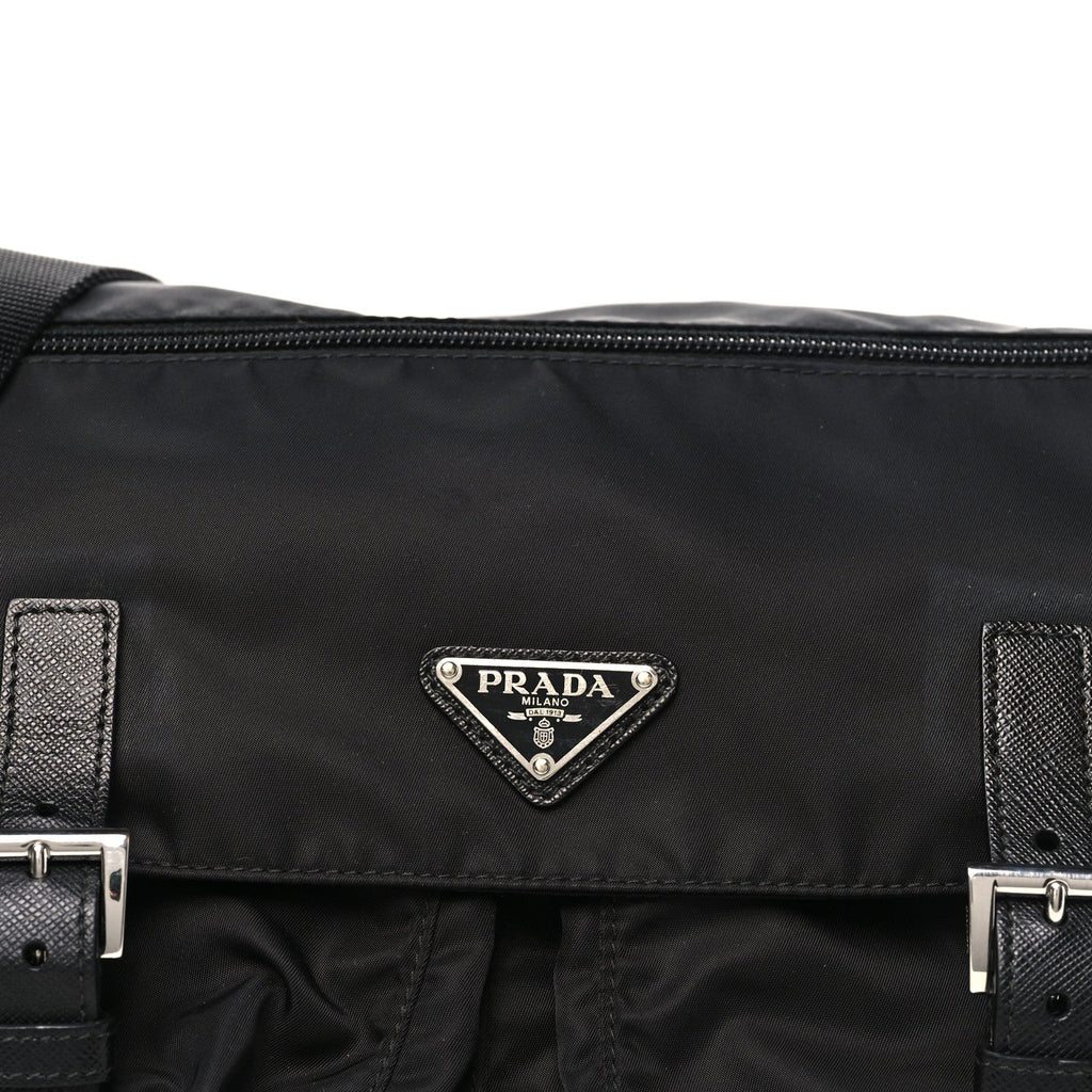 Tessuto Nylon Saffiano Double Buckle Messenger Shoulder Bag Black