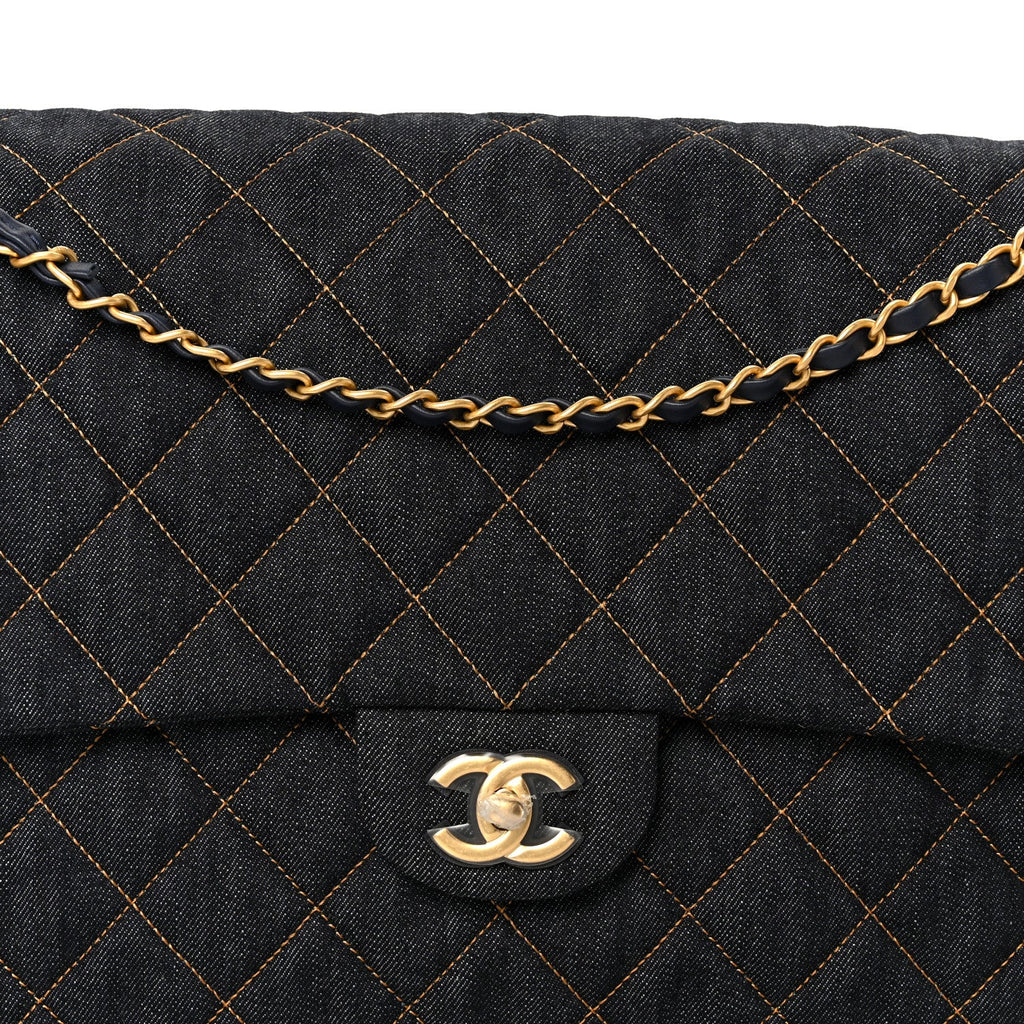 Denim Quilted XXL Travel Flap Bag Dark Blue Orange