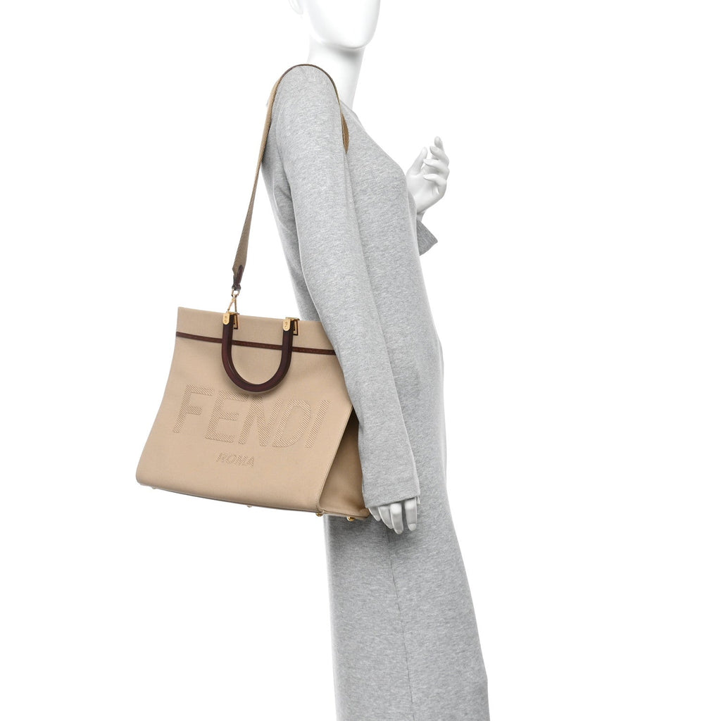 Canvas Vitello King Logo Embroidered Medium Fendi Sunshine Shopper Tote Sand Ghianda