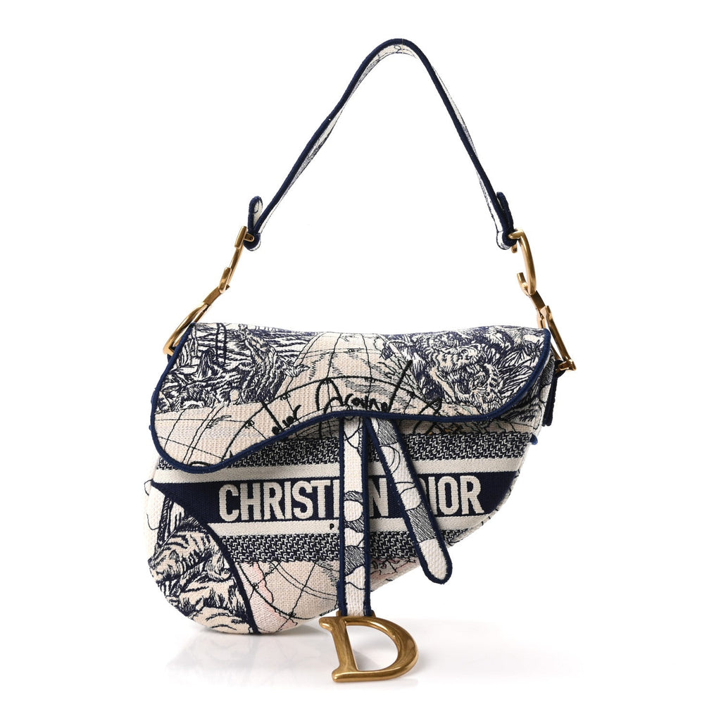 Canvas Embroidered Around the World Saddle Bag Blue