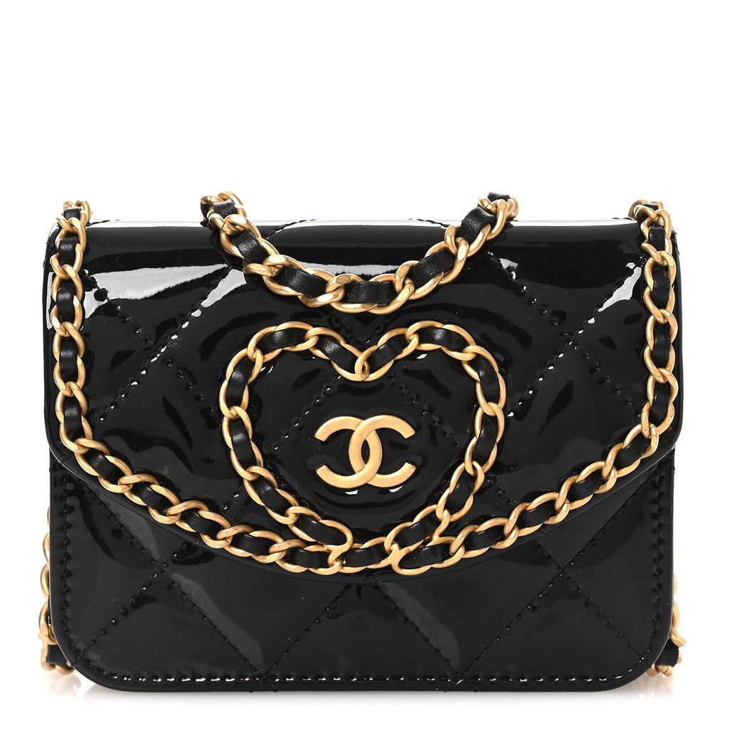 Patent Quilted Chain Around Heart Mini Chain Flap Black