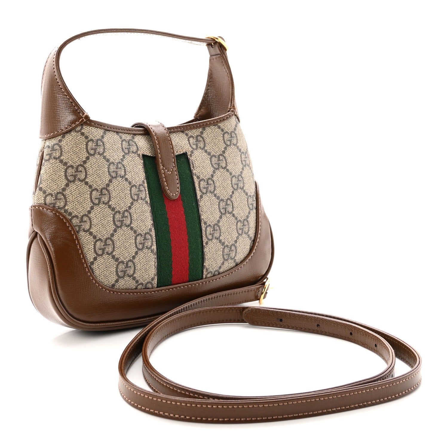 GG Supreme Monogram Azalea Calfskin Web Mini Jackie 1961 Hobo Beige Ebony Brown Sugar