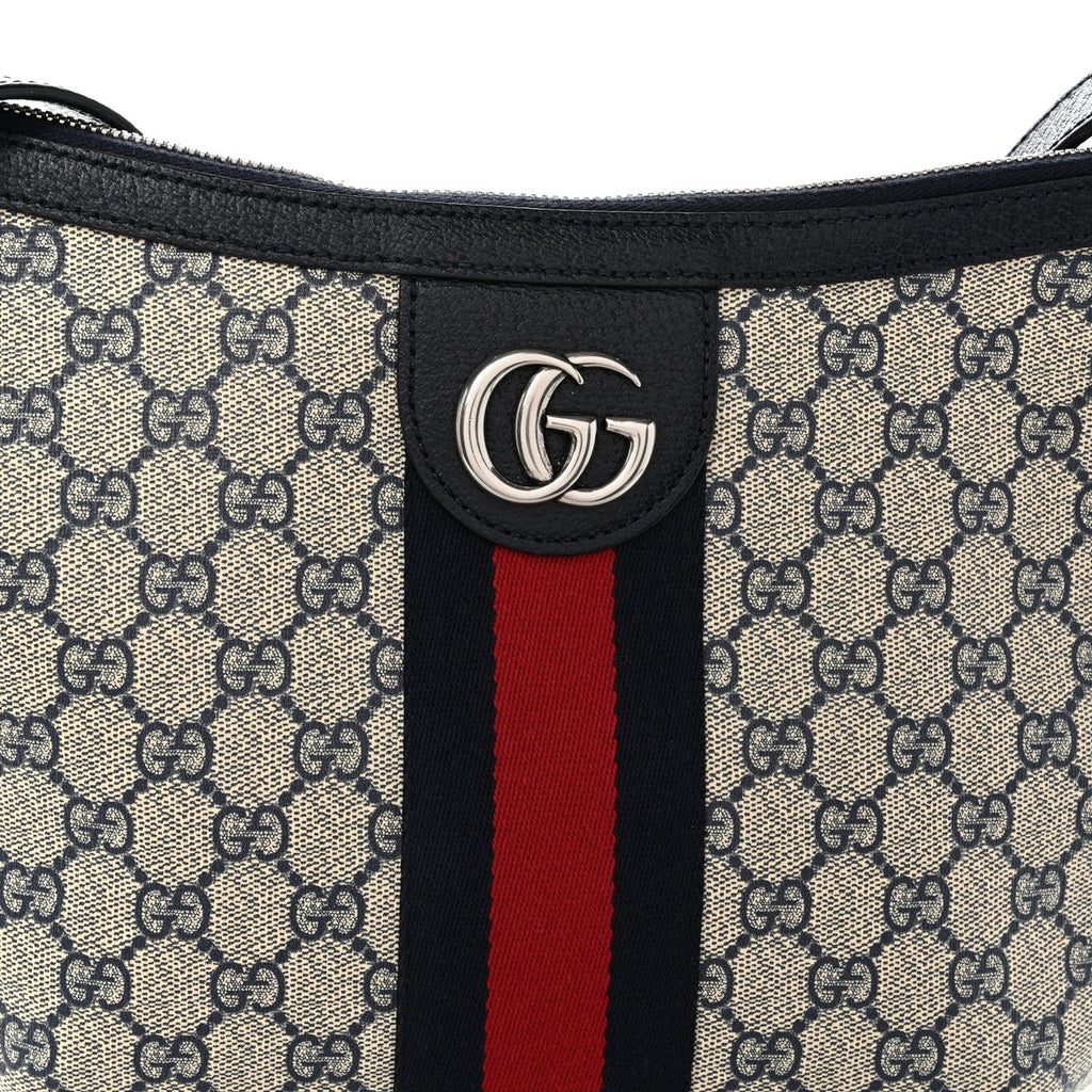 GG Supreme Monogram Textured Dollar Calfskin Web Small Ophidia Half Moon Hobo Beige Blue