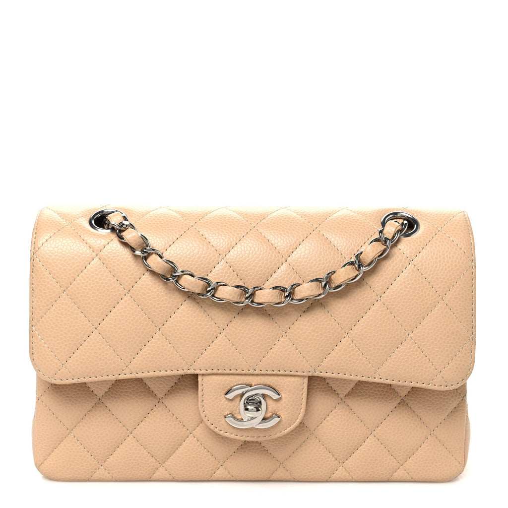 Caviar Quilted Small Double Flap Beige